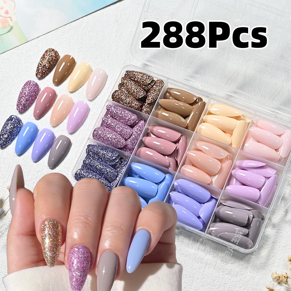 Nail Art Gliter - 288 Uñas Postizas Macaron Medianas Almendradas